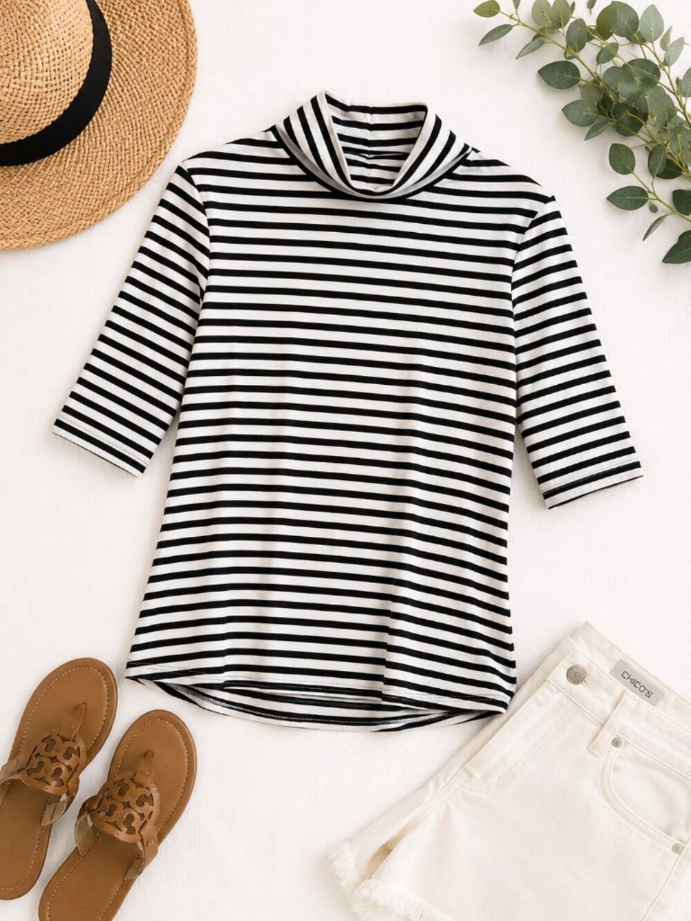 Chico's Black White Striped Mock Neck Top Size S 3/4 Sleeve Knit
